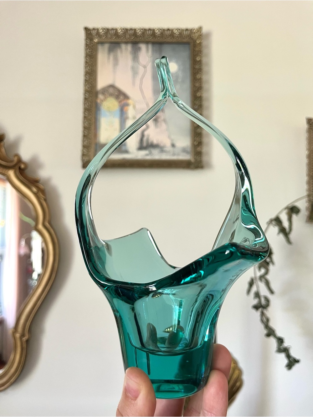 1959 Skrdlovice #5966 Emanuel Beranek Blue Green Art Glass Basket